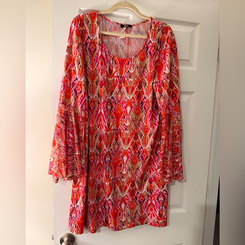 MSK Women's Long Sleeve Dress - Red and Pink Pattern